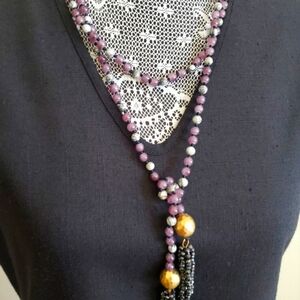 Extra Long Convertible Beaded Tassel Necklace 58 inches Purple Gray Blac…